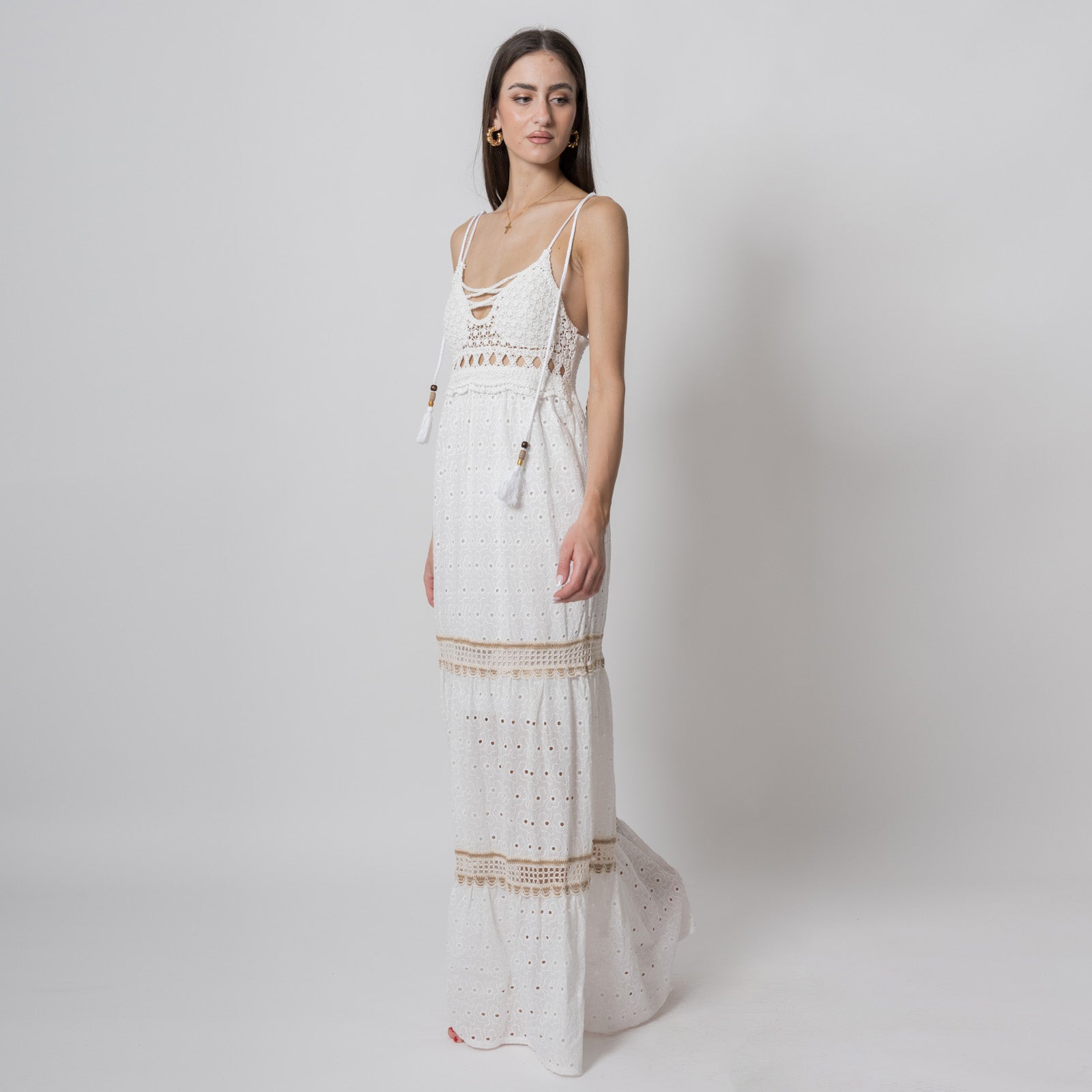 Φόρεμα Maxi Κιπούρ Λευκό